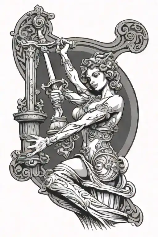 Themis and the sword of Libra in her hands and holds tattoo design idea