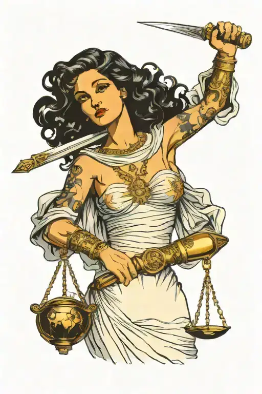Themis and the sword of Libra in her hands and holds tattoo design idea