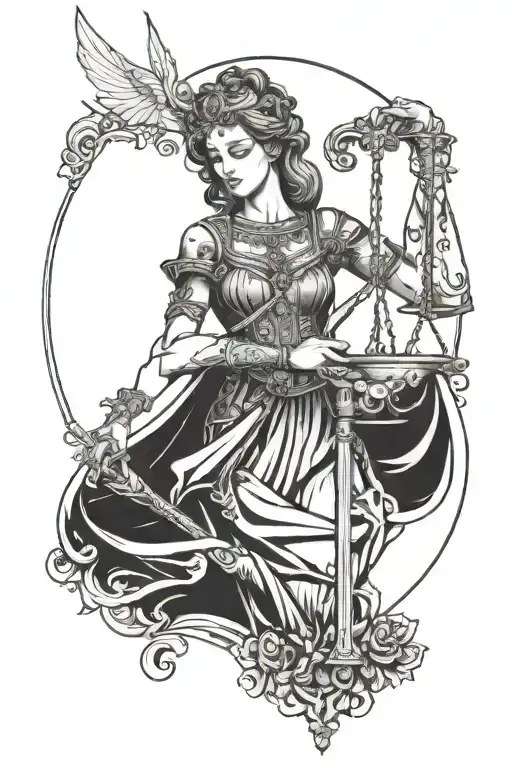 Themis and the sword of Libra in her hands and holds tattoo design idea
