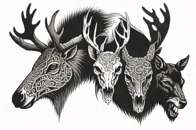 deer skull, moose skull, bear head, wolf head arm band tattoo design idea