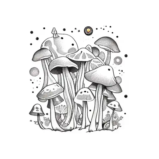 A psychedelic tattoo of mushrooms growing in a garden with animals interacting with them in a new-school style. tattoo design idea