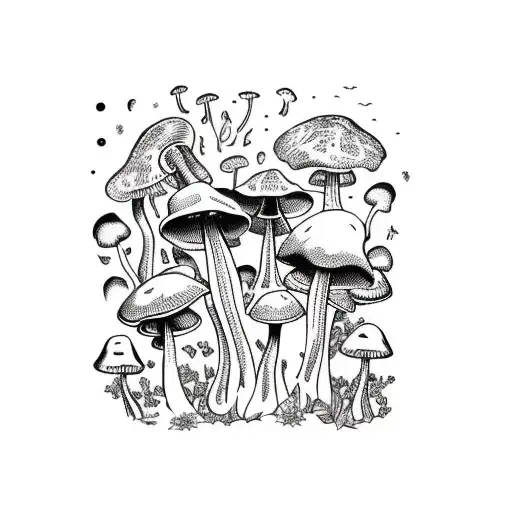 A psychedelic tattoo of mushrooms growing in a garden with animals interacting with them in a new-school style. tattoo design idea