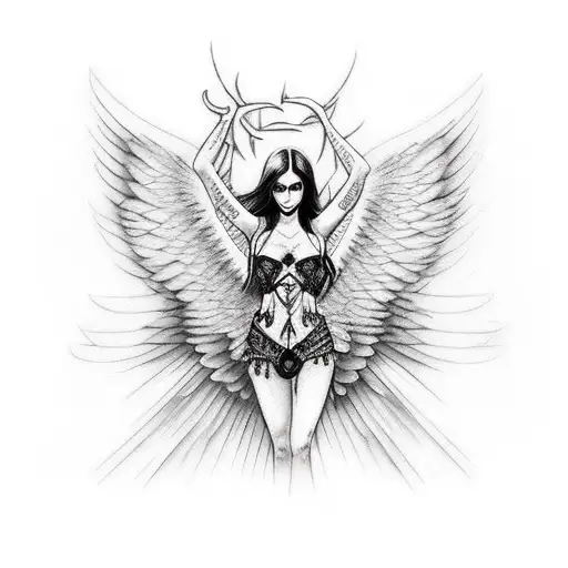 Design a tattoo of a woman with wings, dark angel, angel gothic girl, masterpiece goddess of sorrow, gothic art style, g tattoo design idea