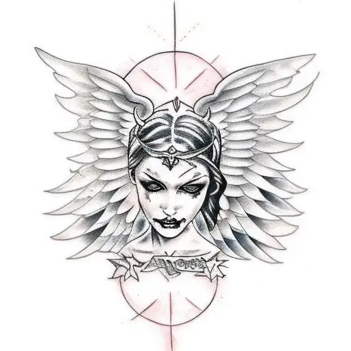 Design a tattoo of a woman with wings, dark angel, angel gothic girl, masterpiece goddess of sorrow, gothic art style, g tattoo design idea