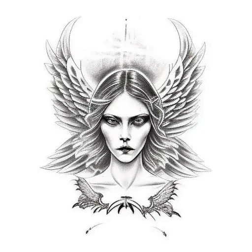Design a tattoo of a woman with wings, dark angel, angel gothic girl, masterpiece goddess of sorrow, gothic art style, g tattoo design idea