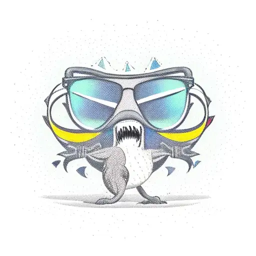 cartoon Velociraptor wearing sunglasses and Hawaiian board shorts and flip-flops, with a surfboard under his arm, walkin tattoo design idea