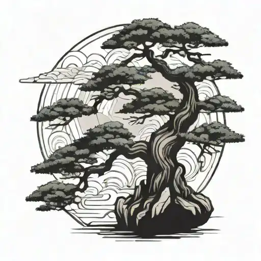 Bonsai tree with japanese landscape in the background  tattoo design idea