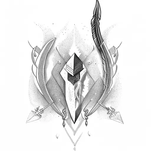 weighing scales, dagger on one side, feather with closed eye in the othe, scales tipped toward dagger tattoo design idea