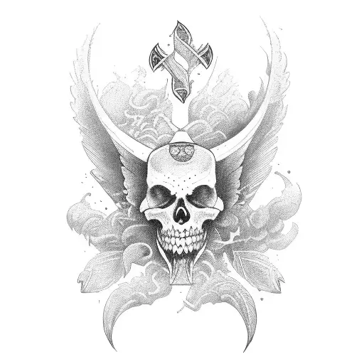scale, dagger on one side, feather with closed eye in the othe, scales tipped toward dagger tattoo design idea