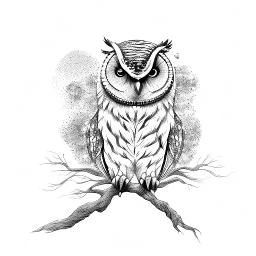 A majestic owl perched on a tree branch with a glass of wine in its talons tattoo design idea