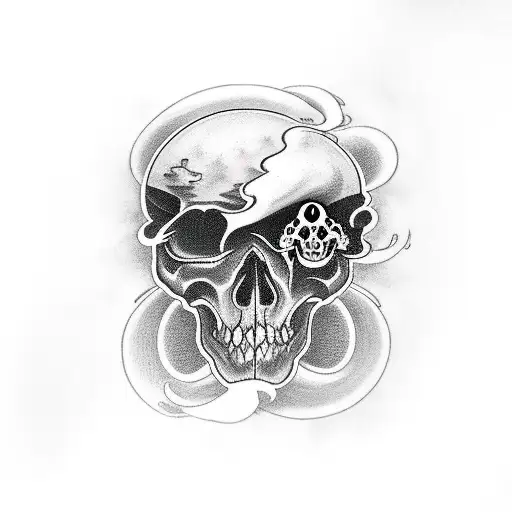 full arm stormy clouds skulls on it with cloud comes from their eyes tattoo design idea