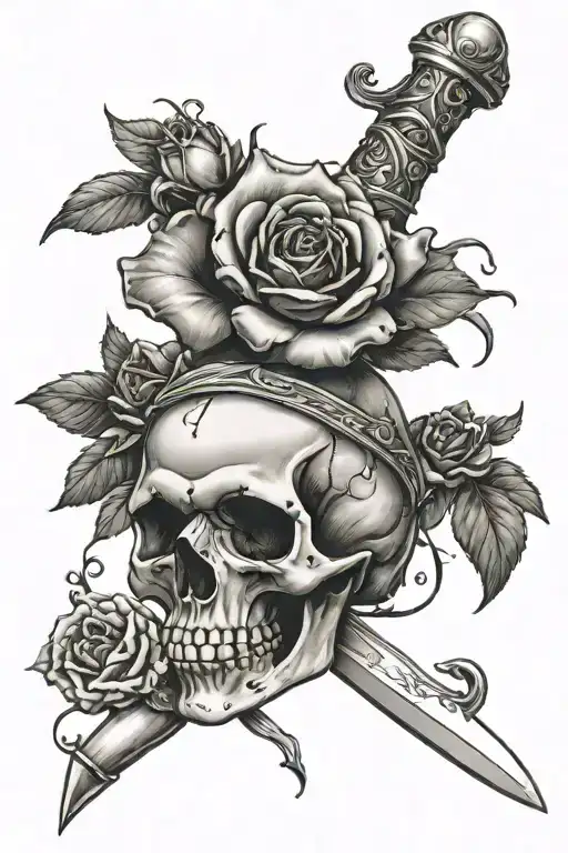 Skull dagger rose tattoo design idea