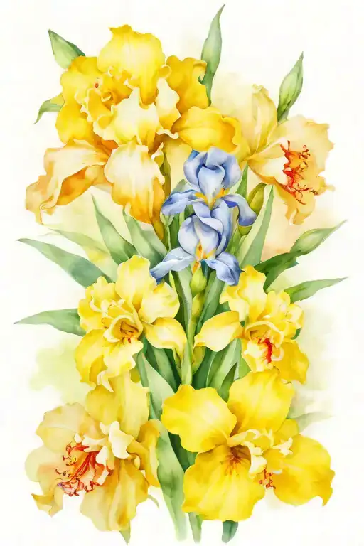 flower bouquet with iris, narcissus  and peony tattoo design idea