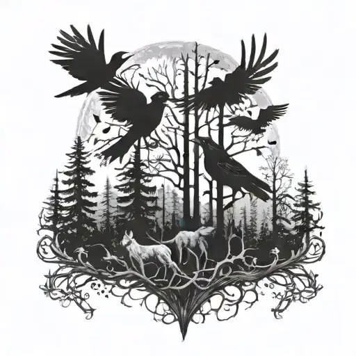 dark forest scene inspired tattoo featuring crows, wolfs, death, love and hate. tattoo design idea