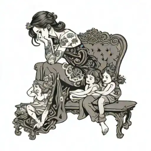 I'm looking for a fine line tattoo design that features a mother figure sitting on a bench, with three daughters next to tattoo design idea
