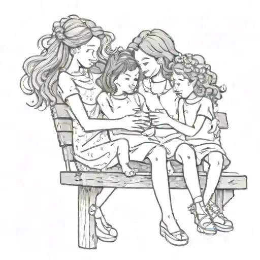 3 girl figures in total, a mother with her 2 daughters sitting on a bench hugging eachother, no tatto on them  tattoo design idea