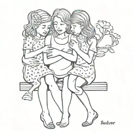 tattoo that features a mother figure sitting on a bench, with her three daughters next to her ,hug her, no tatto on them tattoo design idea