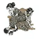 I'm looking for a fine line tattoo design that features a mother figure sitting on a bench, with three daughters next to tattoo design idea