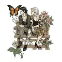 I'm looking for a fine line tattoo design that features a mother figure sitting on a bench, with three daughters next to tattoo design idea