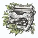 old fashioned typewriter with the word 'plant based' coming out of the typewriter on paper. typewriter tangled in vines  tattoo design idea
