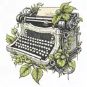 old fashioned typewriter with the word 'plant based' coming out of the typewriter on paper. typewriter tangled in vines  tattoo design idea