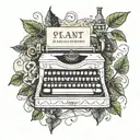 old fashioned typewriter with the word 'plant based' coming out of the typewriter on paper. typewriter tangled in vines  tattoo design idea