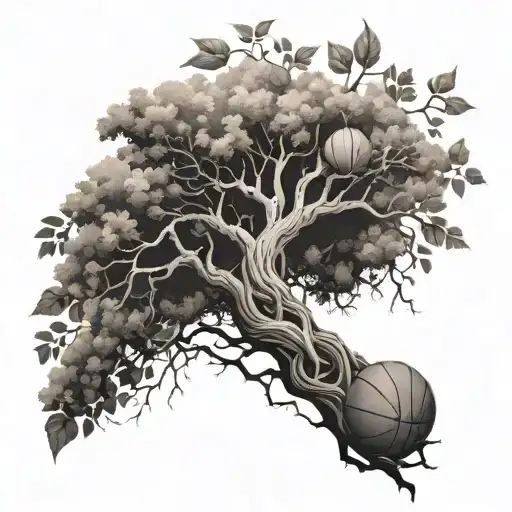 An intricate tree tattoo with basketball elements woven into the branches and roots, showcasing the beauty of nature and sports tattoo design idea