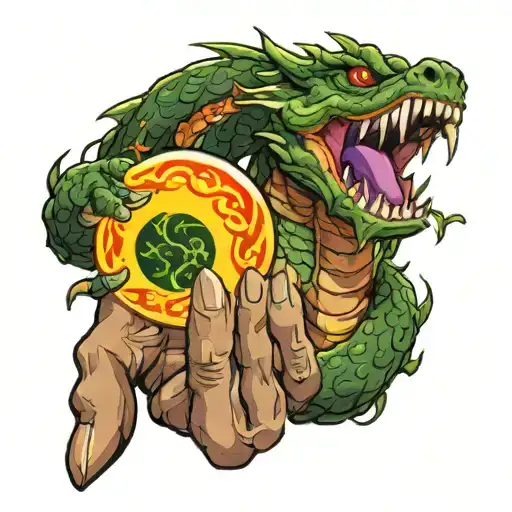 Sukanas hand, holding rasengan with shenron green dragon circling tattoo design idea