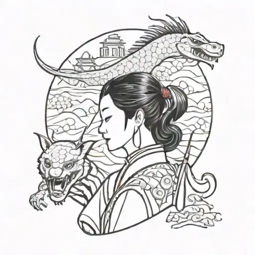 Princess Mulan cutting her hair and Mushu, mountains and the cricket  tattoo design idea
