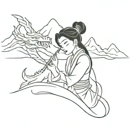 Princess Mulan cutting her hair and Mushu, mountains and the cricket  tattoo design idea