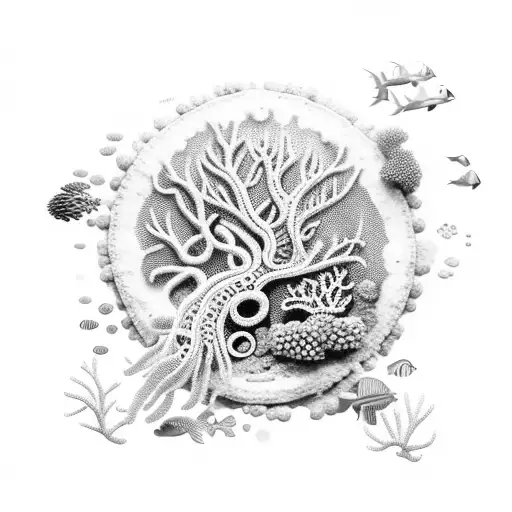 An intricate underwater scene with coral reefs and sea creatures tattoo design idea