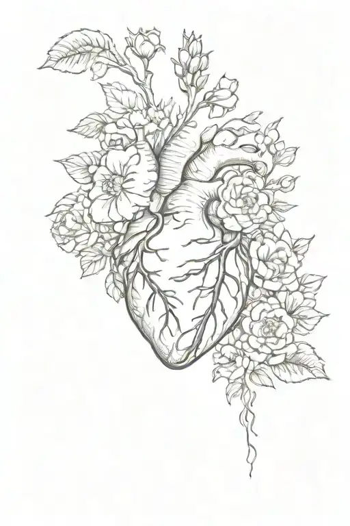 anatomically correct heart with february march may and november birth flowers growing from the top only  tattoo design idea