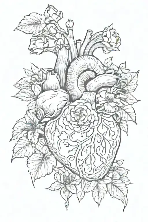 anatomically correct heart with the february match may and november birth flowers growing from arteries  tattoo design idea