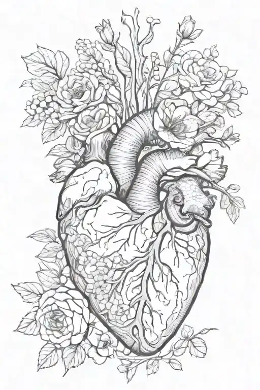 anatomically correct heart with february march may and november birth flowers growing from arteries tattoo design idea