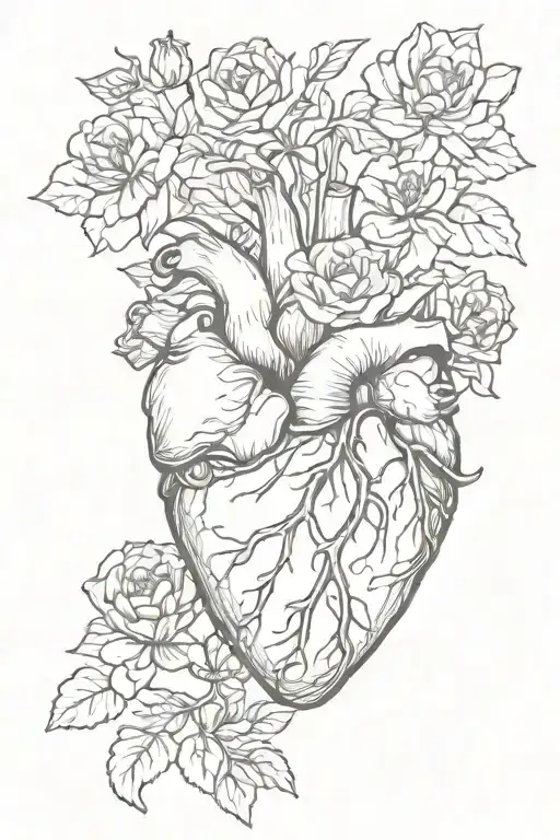 anatomically correct heart with a single of each the february march may and november birth flower growing from the top  tattoo design idea