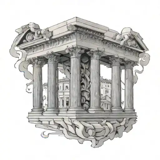 Tattoo, architecture, Greece, columns, myths, inscription, ancient Greek gods tattoo design idea