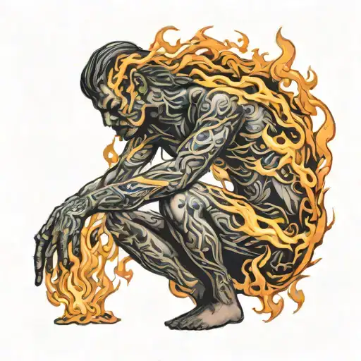 flame burns meditatin person sitting tattoo design idea