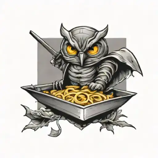 A owl, dressed as a ninja on top of a lasagna  tattoo design idea