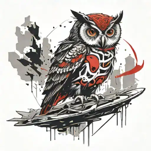 A owl, dressed as a ninja on top of a lasagna  tattoo design idea