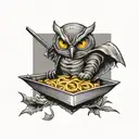 A owl, dressed as a ninja on top of a lasagna  tattoo design idea