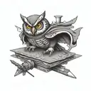 A owl, dressed as a ninja on top of a lasagna  tattoo design idea
