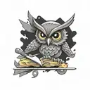 A owl, dressed as a ninja on top of a lasagna  tattoo design idea