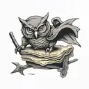 A owl, dressed as a ninja on top of a lasagna  tattoo design idea