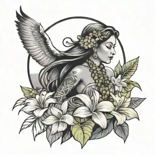 A beautiful hula dancer surrounded by colorful tropical flowers in front of a waterfall  tattoo design idea