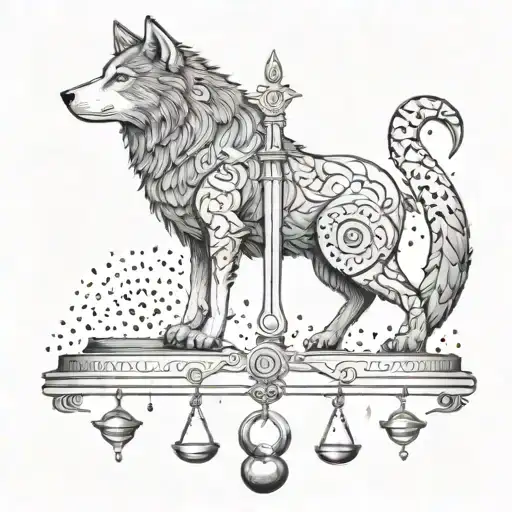 Abstract design of a legal scale balanced between a wolf and a lamb, representing justice and mercy tattoo design idea