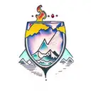 An elegant wine glass surrounded by mountain peaks tattoo design idea