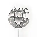 An elegant wine glass surrounded by mountain peaks tattoo design idea
