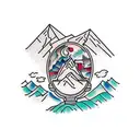 An elegant wine glass surrounded by mountain peaks tattoo design idea