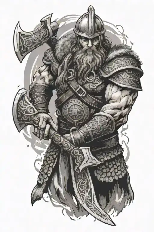 viking warrior wielding Perun's ax tattoo design idea