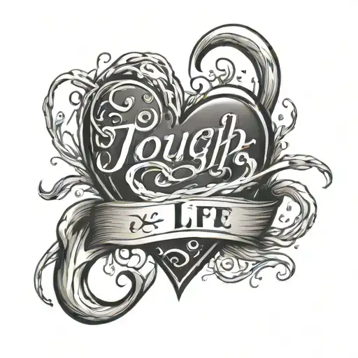 A heart-shaped fishing hook with the words 'Tough Life' intertwined in the design, reflecting the client's love for fishing and resilience in the face of adversity tattoo design idea
